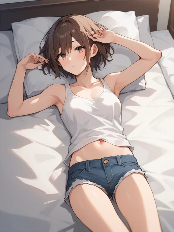 Changing clothes, white tank top, shoulder visible, hands raised, Japanese-style room, inn, on futon, athletics, beautiful girl, short hair, transparent white skin, brown hair, small breasts, beautiful legs, belly button exposed, expression of resistance, lying on the back, composition viewed from directly above 