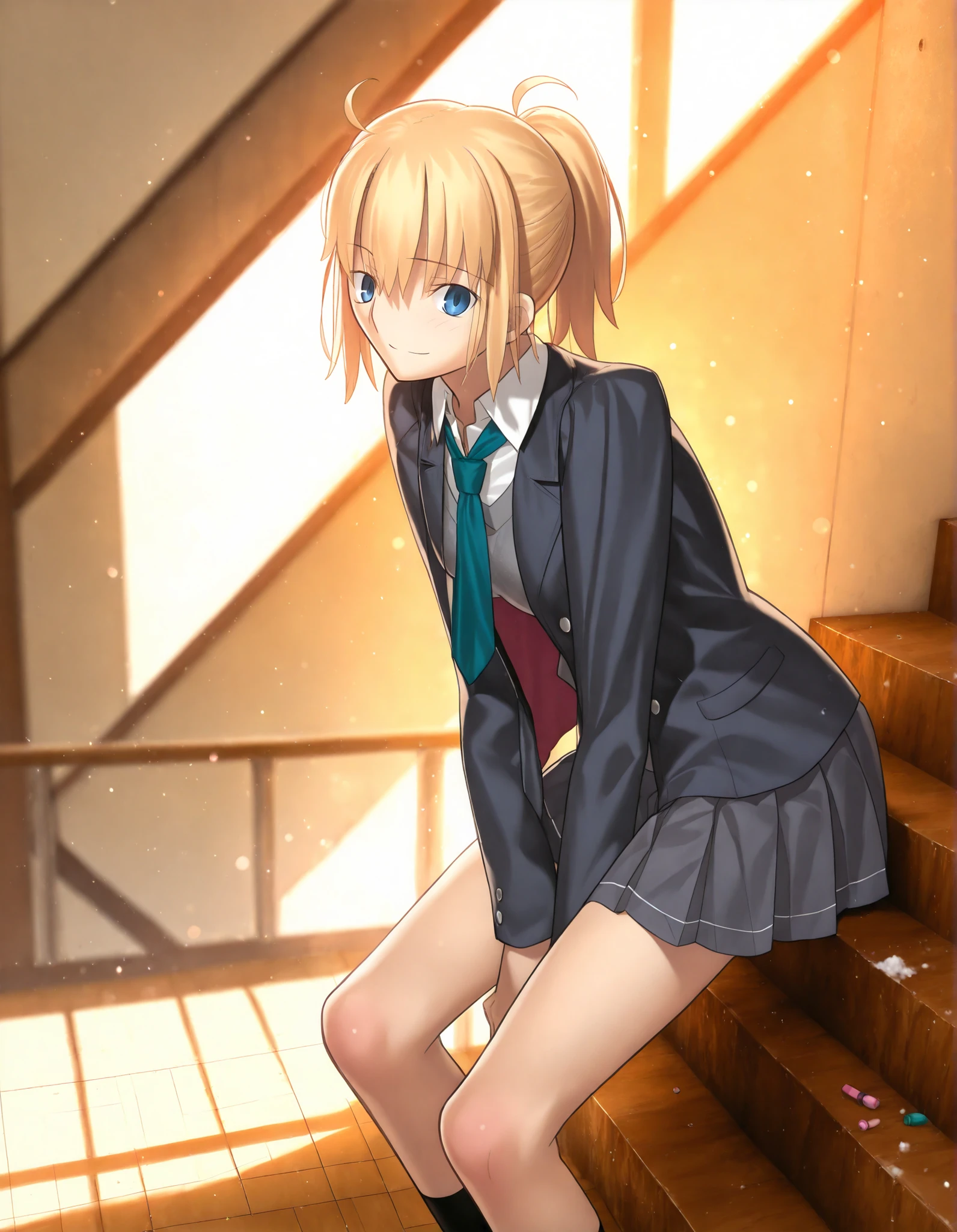 masterpiece, , absurdres, highres, detailed background, high resolution, masterpiece, necessary, detail, best quality, quality, necessary, details, High details, Precise, 8k indoors, (Stairs, colorful light particles, powder light,),day lens flare, blurry background,(from side, from above,),
1girl, Takeuchi Takashi (type-moon,tsukihime) style, takeuchi takashi style, (aged up),(blue sky), sitting,(long legs) ,
girl, (slender body, slim arms, slim bod), solo, el3gymaster ,ciel \(tsukihime\) ,light blue eyes ,blond hair , ,short hair, (high ponytail), (school uniform ,open jacket ,in red necktie ,gray knit, white undershirt ,grey skirt, pleated skirt,), (medium breasts),(looking at viewer), light smile, leaning forward, , ,