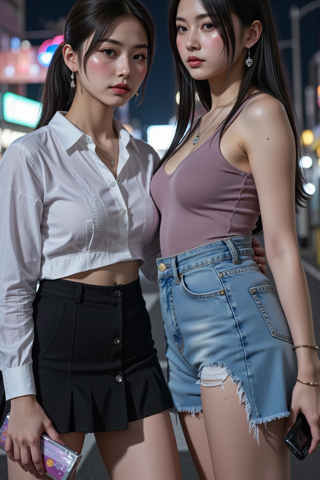 city night ,((full body shot:0.8)),with heavy traffic in the background ,beautiful woman,wearing One-shoulder Lace Patchwork Off-shoulder Ruffle Sleeve Top, heavy worn out blue jeans, red white sport shoes, woman with nice breasts, ponytail hair ,big hips, tan skin,   smile, eyelashes, highly detailed face, sexy