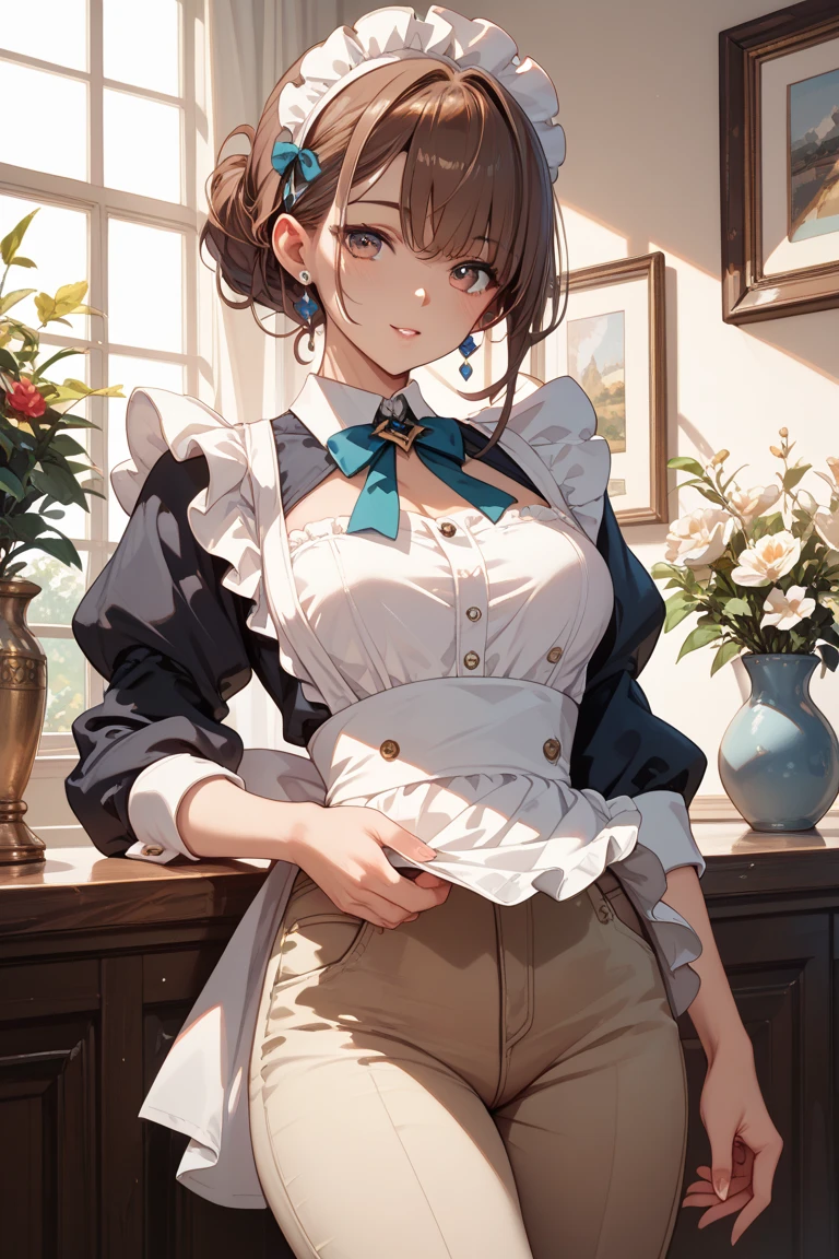 (masterpiece, best quality:1.2), expressive eyes, perfect face, highres, 1girl, solo, (female:1.5), issei_hyoudou, long hair, brown eyes, blue dress, (apron dress), make-up, earrring, long gloves, meshes, blushing, nervous, standing, portrait, looking at viewer