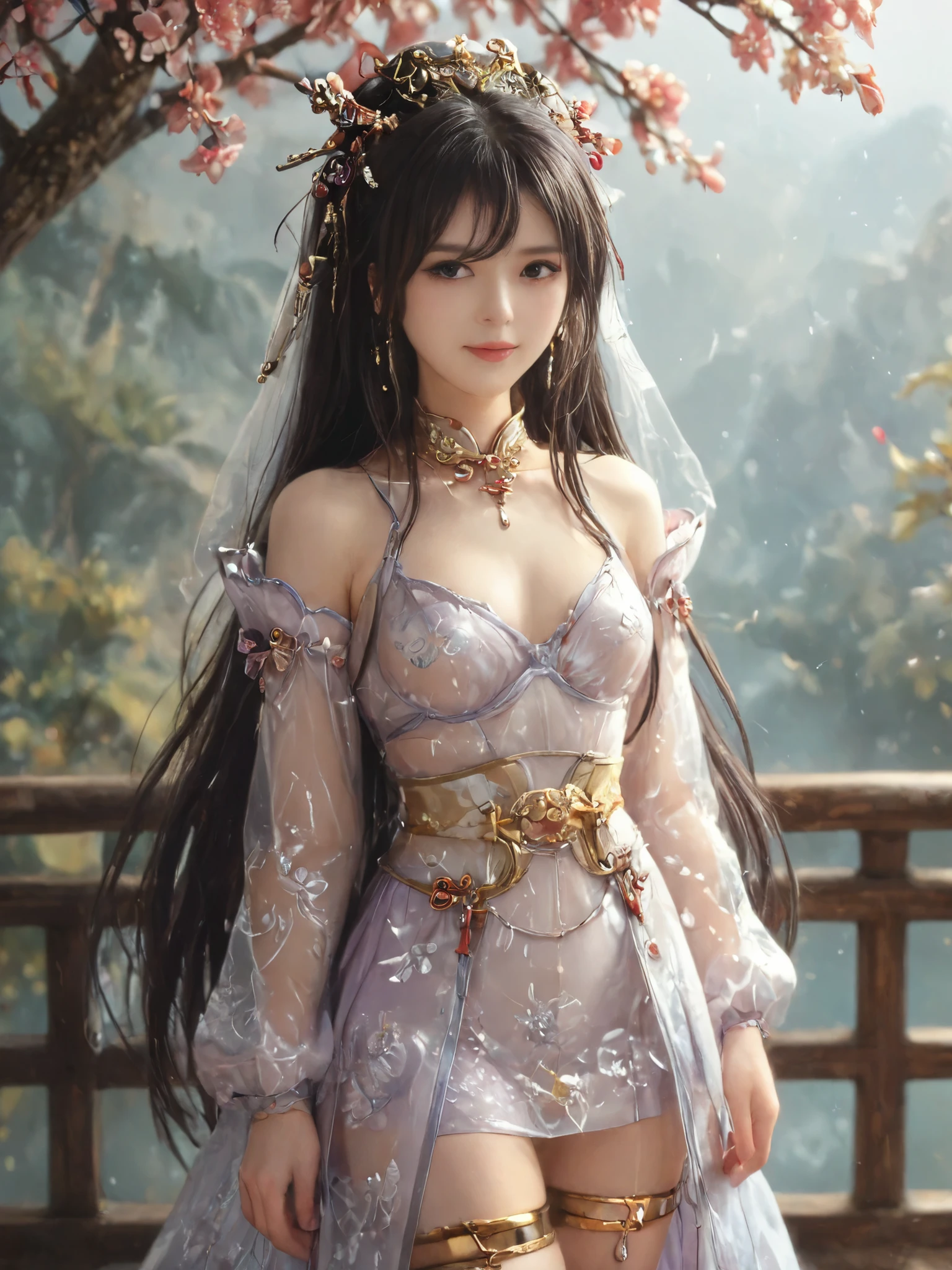 score_9, score_8_up, score_7_up, score_6_up, 1girl,1girl,solo,tohka yatogami,Blue-purple hair,long hair,armor,ponytail,breasts,cleavage,medium breasts,very long hair,hair between eyes,shoulder armor,(Chinesegirl, 167 cm tall, proportions 9:1, bust 33, waist 21, hips 34, beautiful eyes),long dress,long sleeves,clear plastic dress with floral pattern, lots of frills, Luxurious, off-shoulder clear plastic dress with gold patterns: 1.6, round breasts, green eyes, long gold hair braided,( Hair pin,Transparent Latex jacket with a flower crown on her head,earrings, hair clip,Metal collar,thigh bands,Clear plastic underware),Metal high-heels,The transparent latex belt is very tight around the waist ),( Dimond nipple piercing with a necklace attached to the dress, collar and armband. Diamond navel piercing with chain.),Dynamic poses,(Beautiful smile),((Nipple erection:0.8)),Look away, ashamed,(Standing under the plum blossom tree, the plum blossoms are swaying.Both hands clasped in front of the chest.), full view from the side at 45 degrees.