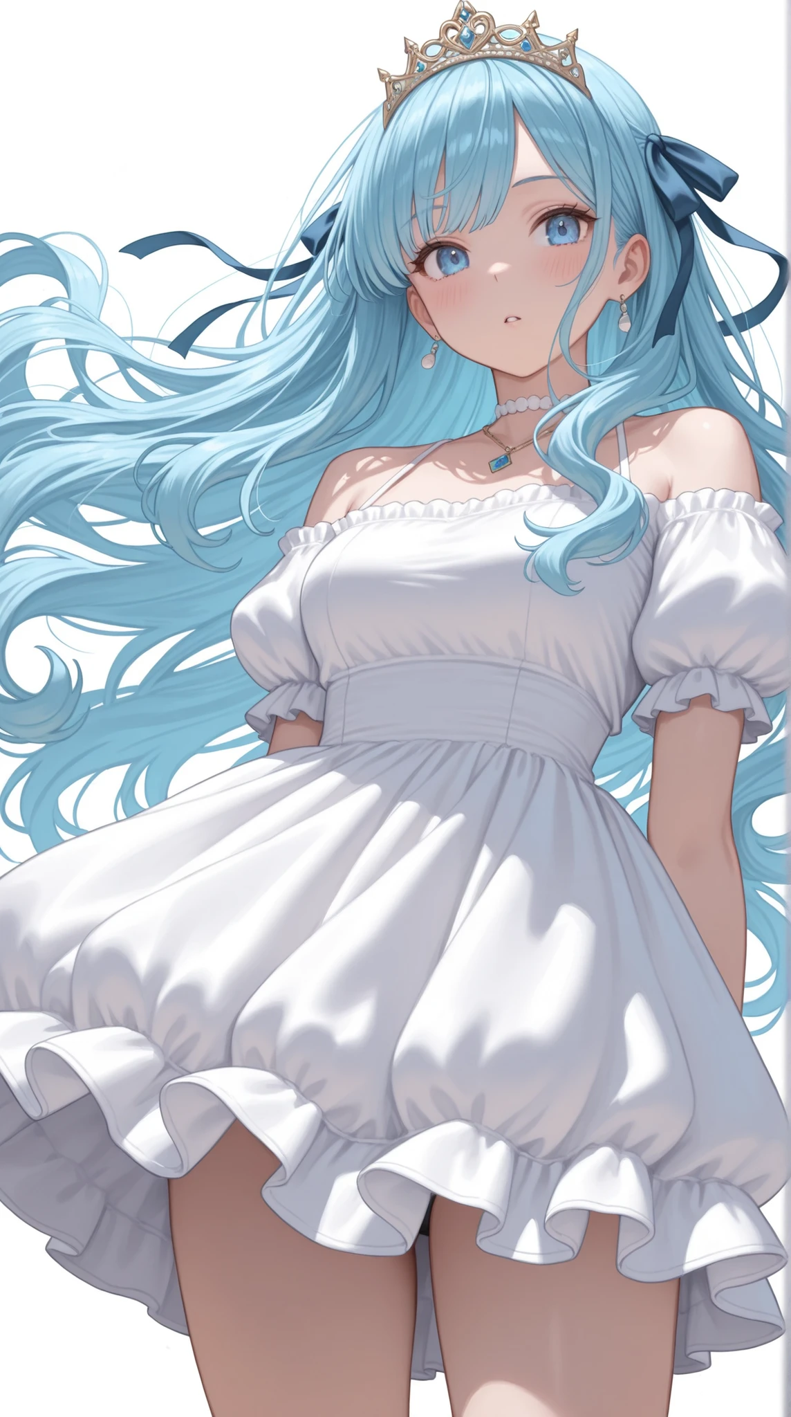 womanhood, puff sleeve dress, long wave hair, jewelry ribbon, Tiara, 