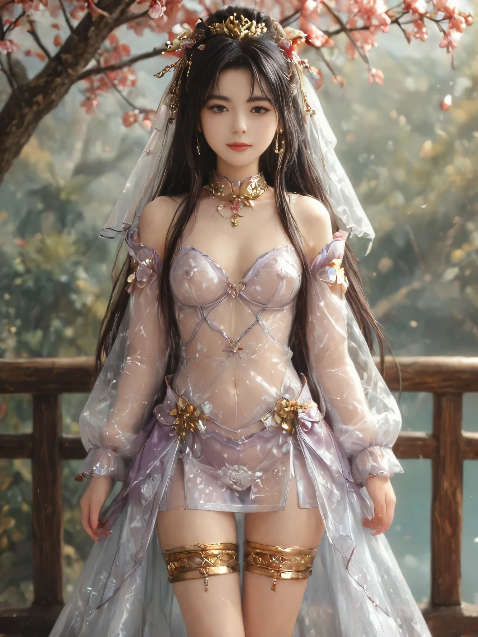 score_9, score_8_up, score_7_up, score_6_up, 1girl,1girl,solo,tohka yatogami,Blue-purple hair,long hair,armor,ponytail,breasts,cleavage,medium breasts,very long hair,hair between eyes,shoulder armor,(Chinesegirl, 167 cm tall, proportions 9:1, bust 33, waist 21, hips 34, beautiful eyes),long dress,long sleeves,clear plastic dress with floral pattern, lots of frills, Luxurious, off-shoulder clear plastic dress with gold patterns: 1.6, round breasts, green eyes, long gold hair braided,( Hair pin,Transparent Latex jacket with a flower crown on her head,earrings, hair clip,Metal collar,thigh bands,Clear plastic underware),Metal high-heels,The transparent latex belt is very tight around the waist ),( Dimond nipple piercing with a necklace attached to the dress, collar and armband. Diamond navel piercing with chain.),Dynamic poses,(Beautiful smile),((Nipple erection:0.8)),Look away, ashamed,(Standing under the plum blossom tree, the plum blossoms are swaying.Both hands clasped in front of the chest.), full view from the side at 45 degrees.