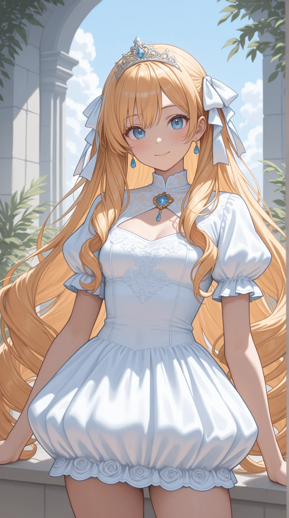 womanhood, puff sleeve dress, long wave hair, jewelry ribbon, Tiara,