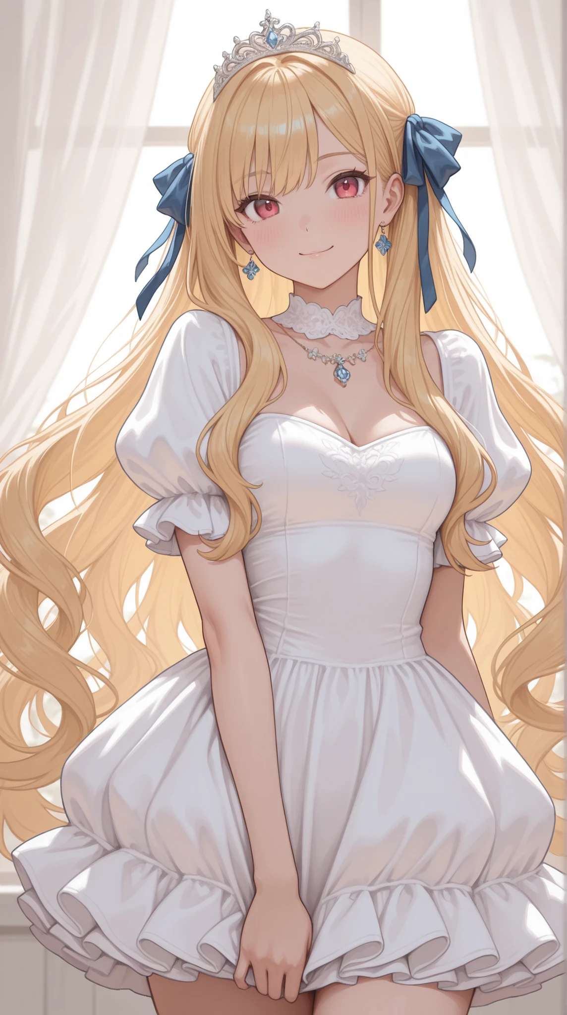 womanhood, puff sleeve dress, long wave hair, jewelry ribbon, Tiara, 