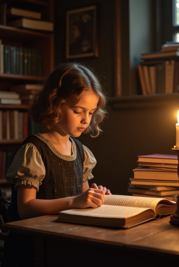 A 10 year old apprentice wizard casting a spell in a realistic library