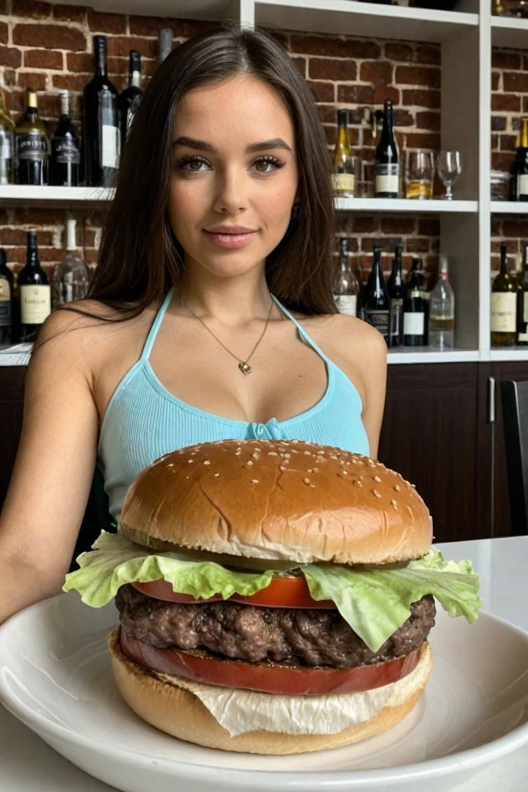 Woman with burger in hand commercial (Fotorrealista) (Melhor qualidade:1.0), (Ultra high resolution:1.0), 8k, (obra de arte:0.2), 1 garota, pele bonita, pele detalhada, grande sorriso, Dentes