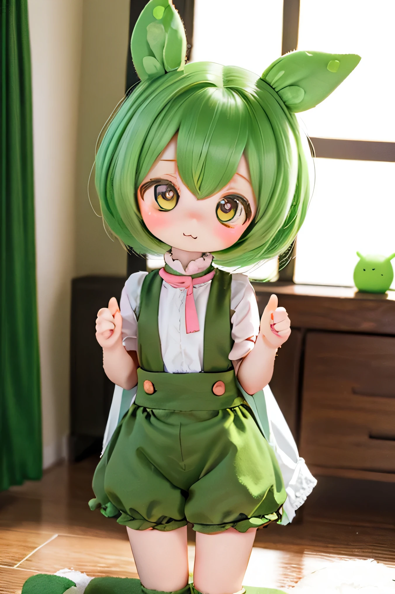 cute green-haired zundamon in playful pose, ( chibi), Detailed Character Designs , Exquisite details , surreal , Photoreal , 8k, masterpiece , is high resolution, bright color, soft light , Natural Light, 、 warm palette , Amazing , Nikon Z7 IIミラーレスカメラで撮影したAmazing映像 , cute , cuteデザイン , , Heartwarming、Edamame、 Naked、Around Town