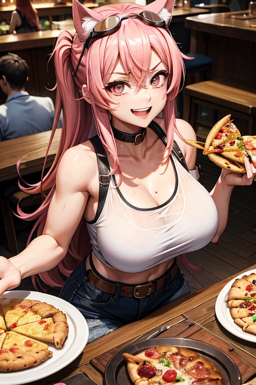 A woman in a tank top and full-zip shorts making salsa sauce at a taco stand Jeans have belts Belly button piercing There are side slits Big butt Detail the buttocks Detailing the groin area Up to the thighs High leg Swirl Eyes