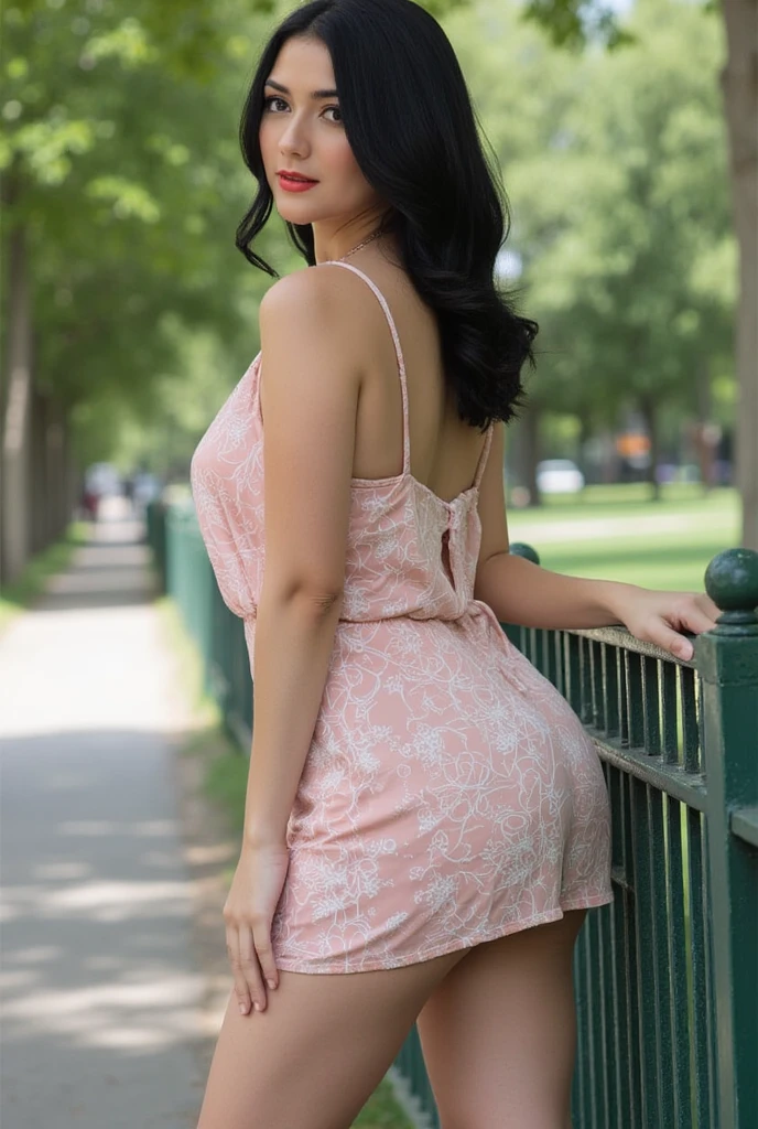 "Desenhe uma imagem realista de uma mulher em um jardim, captured by a high-quality camera equipped with a high-resolution lens. She is wearing a short floral dress that highlights her curvy figure and has her back to the viewer. A mulher levanta um pouco mais o vestido, revelando a parte superior de sua bunda e a calcinha, enquanto a pele dela continua a parecer extremamente realista e brilhante, illuminated by the rays of the sun piercing through the leaves of the surrounding trees."