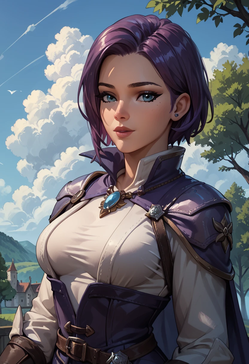 score_9, score_8_up, score_7_up, score_6_up, 1girl, solo, purple hair, short hair, blue eyes, purple cape, brooch, long sleeves, white dress, large breasts, looking at you, blue sky, medieval, clouds, trees, upper body