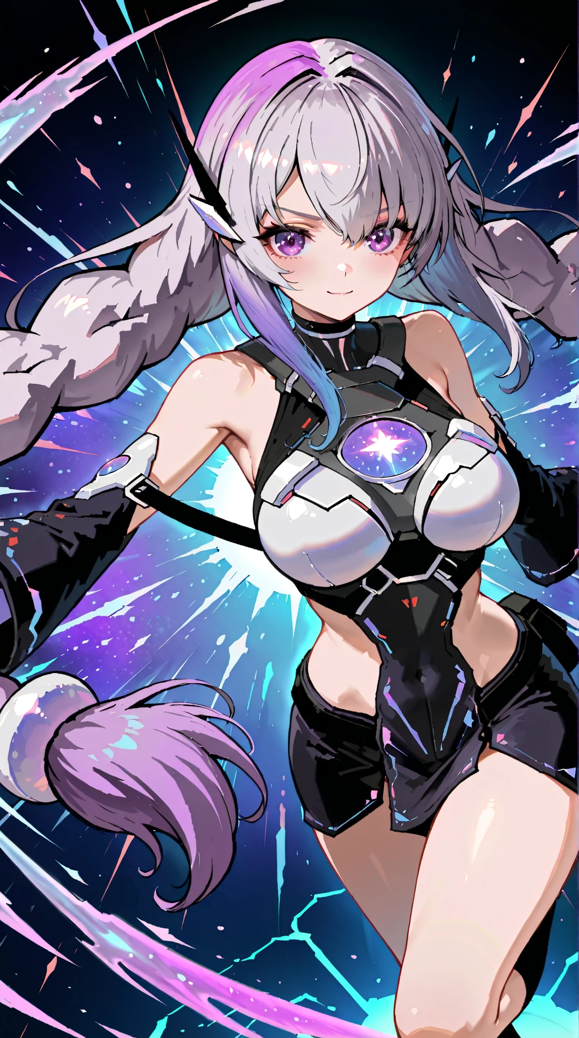 Multiple girls, white hair, large breasts, breasts, thick thighs, wide hips, red eyes, bodysuit, black bodysuit, pantyhose, long hair, light smile, happy, science-fiction, tech, futuristic, black pantyhose, thighhighs, neon, machinery, hair ornament, ornament, neon trim, anime style, 2d, anime screencap, shoulder armor, blue neon trim, hip sway, swaying hips, bouncing breasts, arms behind back, hands behind head, arms behind head, arms up, me!me!me dance /(meme/), dancing, dance, hourglass figure