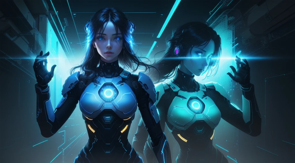 Magnificent artificial intelligence, beautiful woman with robotic body, hyper realistic, cinematic angle, blue neon blurred background, apparent circuits,  vibrant, detailed, zbrush, comic book illustration, trending on artstation. by peter mohrbacher, by wlop, by ruan jia, by alphonse mucha, by dmitry prozorov, by norman rockwell,