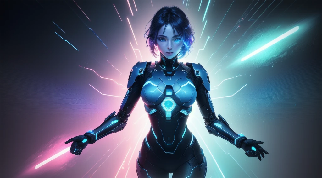 An android-like female figure, her metallic skin engraved with luminous fractal designs, reclining against an abstract, fractal-generated construct of iridescent colors and shapes that seem to exist in multiple dimensions simultaneously.
