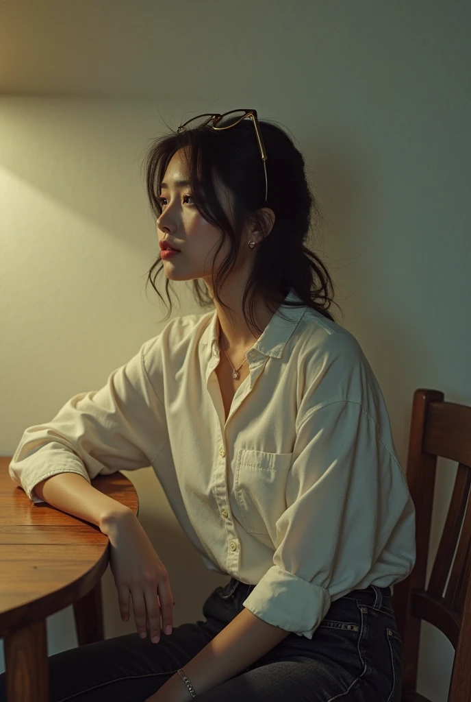 ((downbrouse))、(Slouched)、crouching down、Chest chiller、a beauty girl、Brachira、brightly lit room、open-shirt