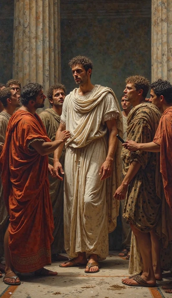 Reimagine the image of Julius Caesar being assassinated by Roman senators