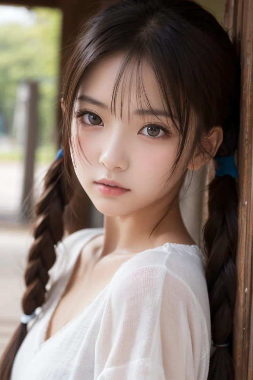 ((Highest quality)), ((masterpiece)), (detailed), (Japanese),Photorealism, close up, wide angle, seen from below,, Black Hair,(Childish face), Girl with single braided hair ,Small Breasts, (topless),(Naked), sad , ((arched back)), (extreme_close_up) ,upper body ,wet street with rain, a girl wears a short-sleeved shirt that is wet and hanging down exposing her (bare shoulders:1.2), (Light Yellow cardigan),(V neck neckline),((white See-through)), we'll lighted area,