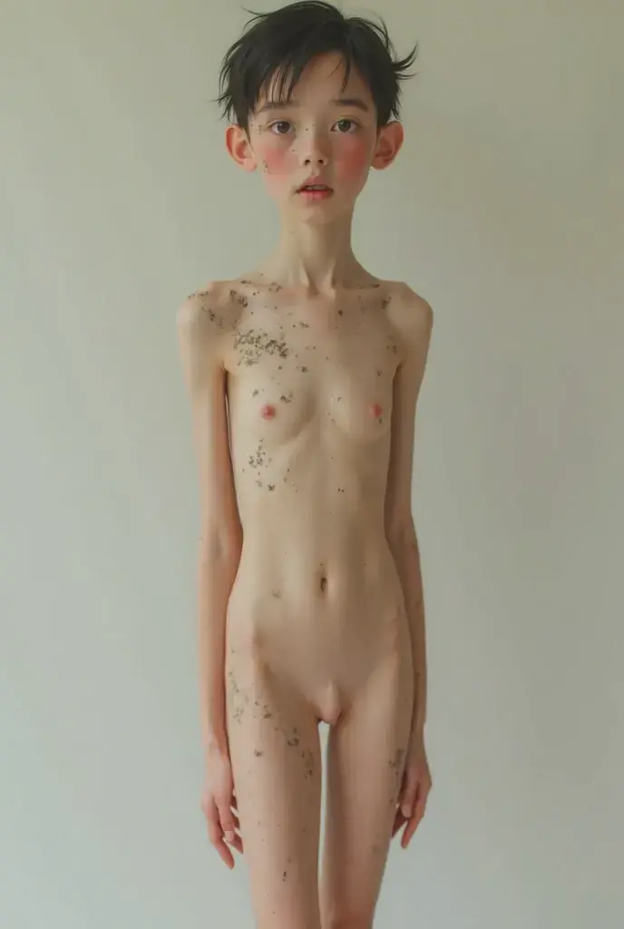 A very thin young nude adolescent who looks anorexic gazing sadly into the camera lens. The scene show the entire body of the ager. Sad face. the girl's body is similar to that of a pubescent. on a sofa