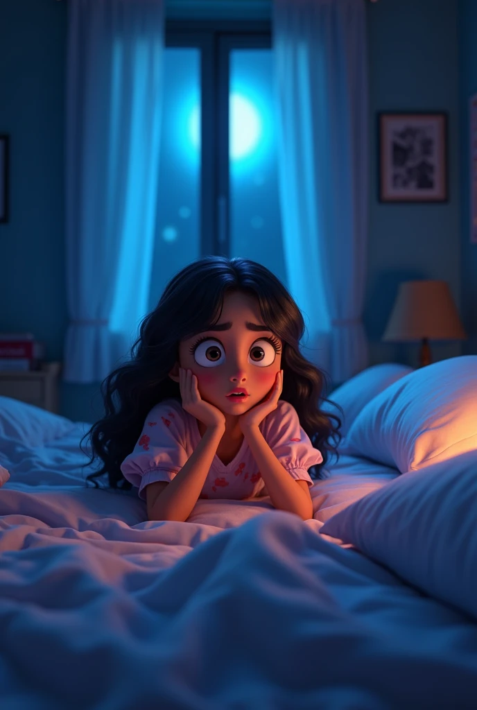 Sentence: "Who’s there?" she asked, but no one answered. The whispers grew louder, saying her name over and over again."Prompt: Ayesha sitting up in bed, her mouth slightly open as she nervously asks, "Who's there?" The whispers in the room grow louder, forming ghostly shapes in the darkness.3D animated cartoon 