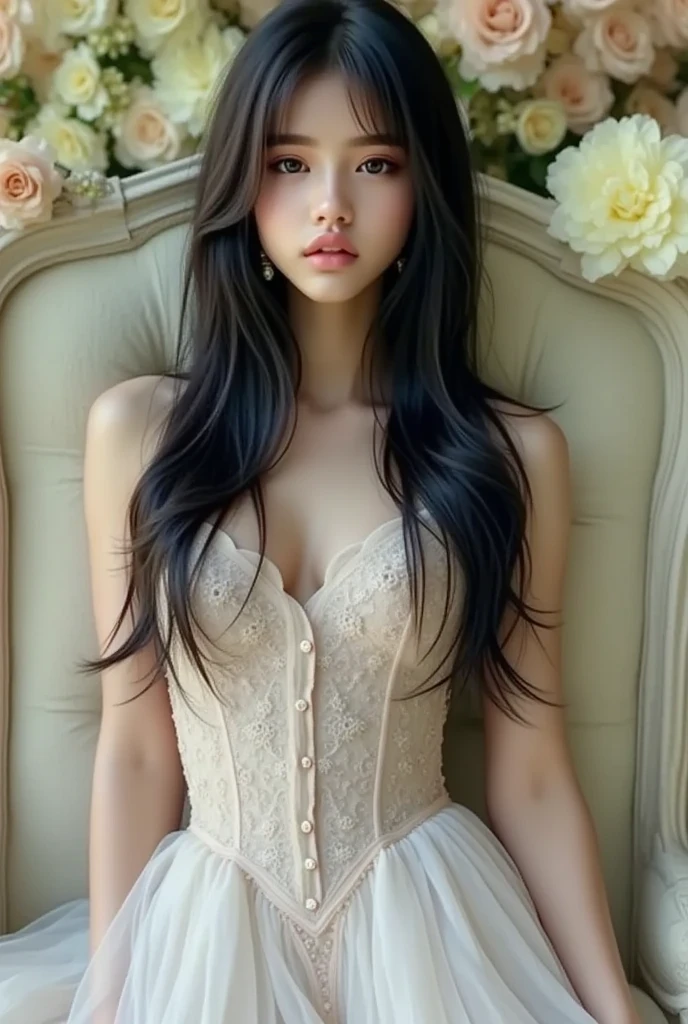 indigenous woman, 2, sitting on the sofa with open legs wearing a corset