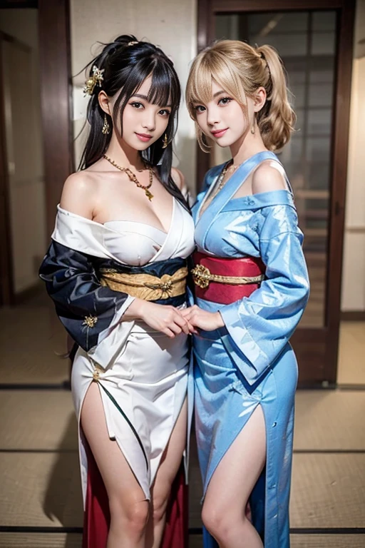 two women in bikinis posing for a picture in a room, Ayami Kojima y Lyde Caldwell, mezcla rusa y japonesa, posando juntos en sujetador, yoshitomo nara and aya takano, inspirado en Wang Duo, sakimichan hdri, two girls, beautiful science fiction twins, con un gemelo, diosa japonesa, con piel azul