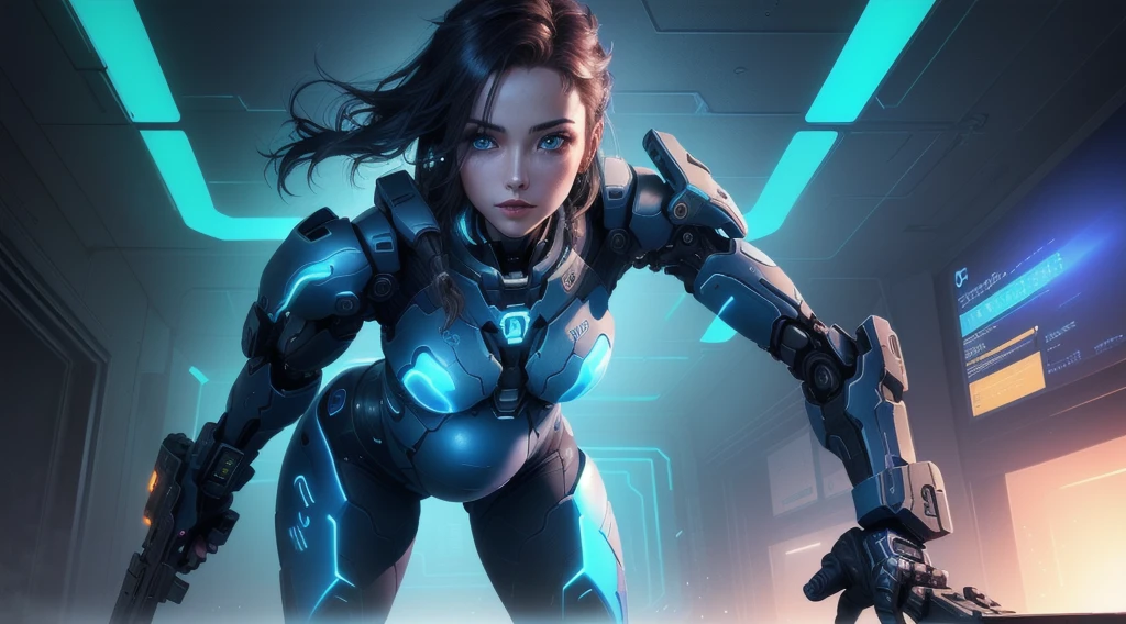 A female protagonist of a starfinder game (small breasts, dark blue hair), masterpiece, best quality, (extremely detailed unity 8k CG wallpaper), (best quality), (best illustration), (best shadow), absurdities, realistic lighting, (Abyss), beautiful detailed brightness,