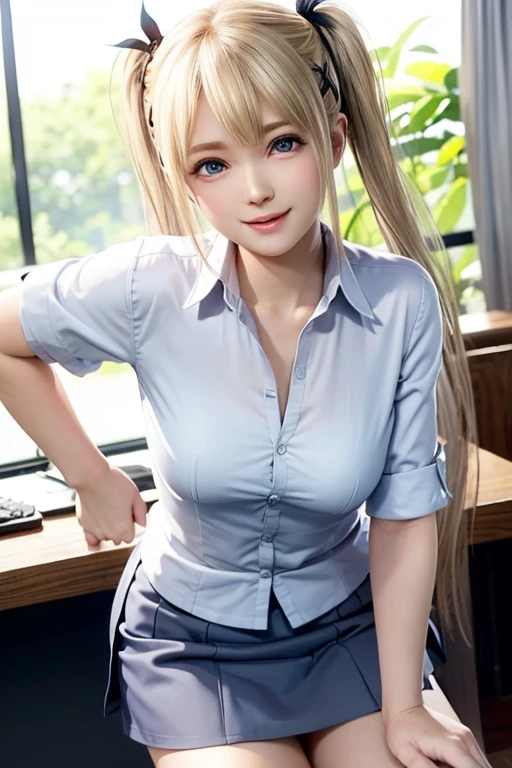 8K quality、High resolution、Particles of light（0.5）、High resolutionの瞳、thin、Red lipstick、Japanese 、Rolled up skirt hem、Realistic female genitalia、Cleavage、classroom、blonde、Healthy Thighs、Long legs、Checked skirt、Light Blue Blouse、Unbutton your blouse、A blouse with a black bra visible through it、Small face、Put your feet on the desk、blondeのボブカット、white