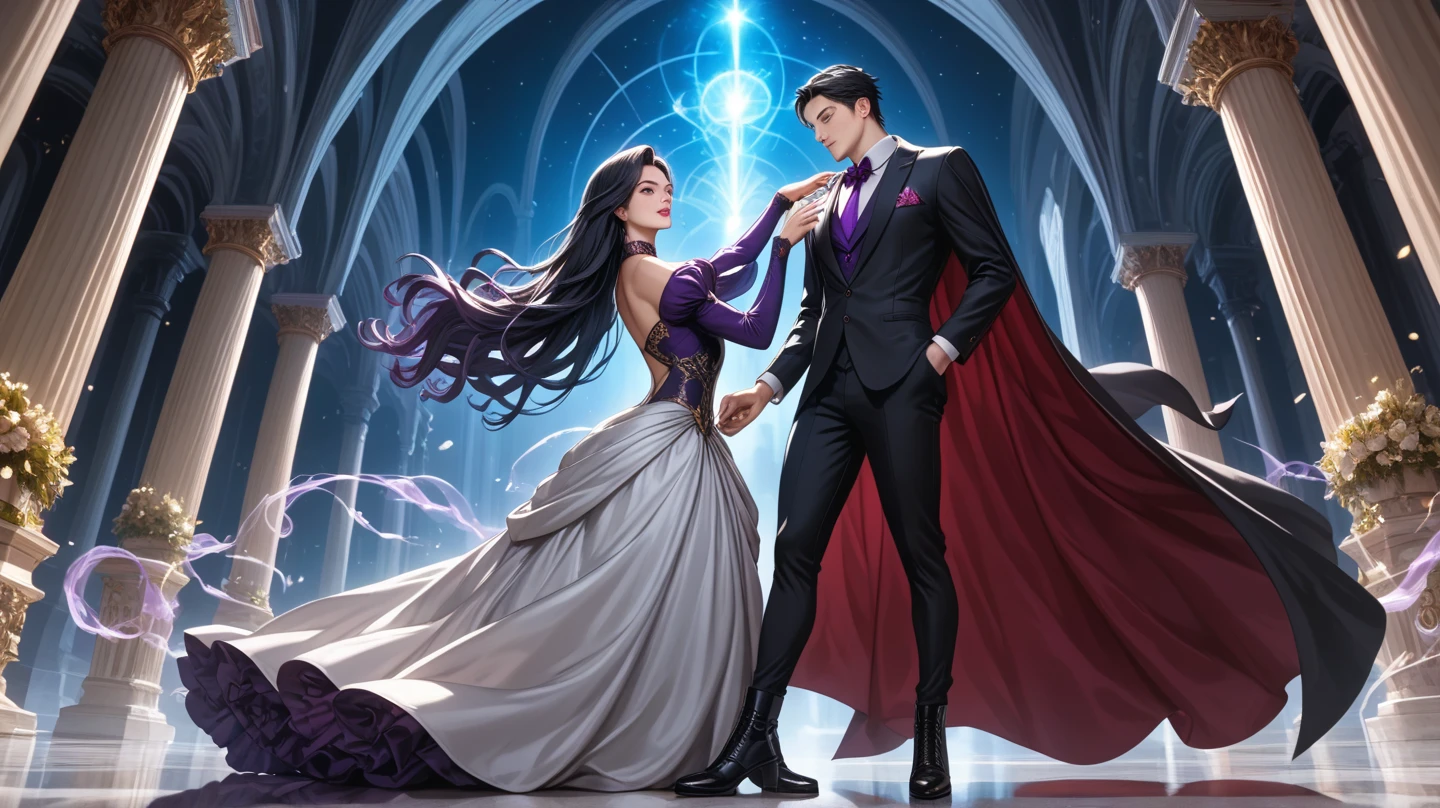 A tall white-skinned girl with long dark hair wearing a long bright blue dress. Beside her stands a tall, muscular, handsome dark-haired man in an elegant suit, and in his hand is a weapon. In the background of the image is a blue background with red petals.