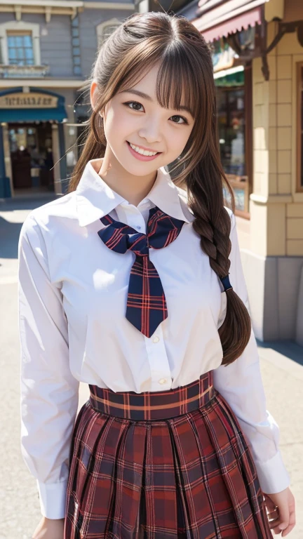 Tabletop,highest quality,Super detailed,In detail,High resolution,In 8K,((Photorealistic:1.4,Raw photo,超A high resolution,Best image quality:1.4)),Tabletop、highest quality、 Super detailedな、High resolution、8k wallpaper、Perfect dynamic composition,、Beautiful fine details、(Beautiful breasts:1.1) 、White blazer with red lines、、White shirt、Red ribbon type tie、Plaid brown skirt、One Girl、Beautiful girl、Slim figure、high school student、Blonde Hair、(Blonde)、Blue ribbons on the left and right sides of the head、smile、Laughter