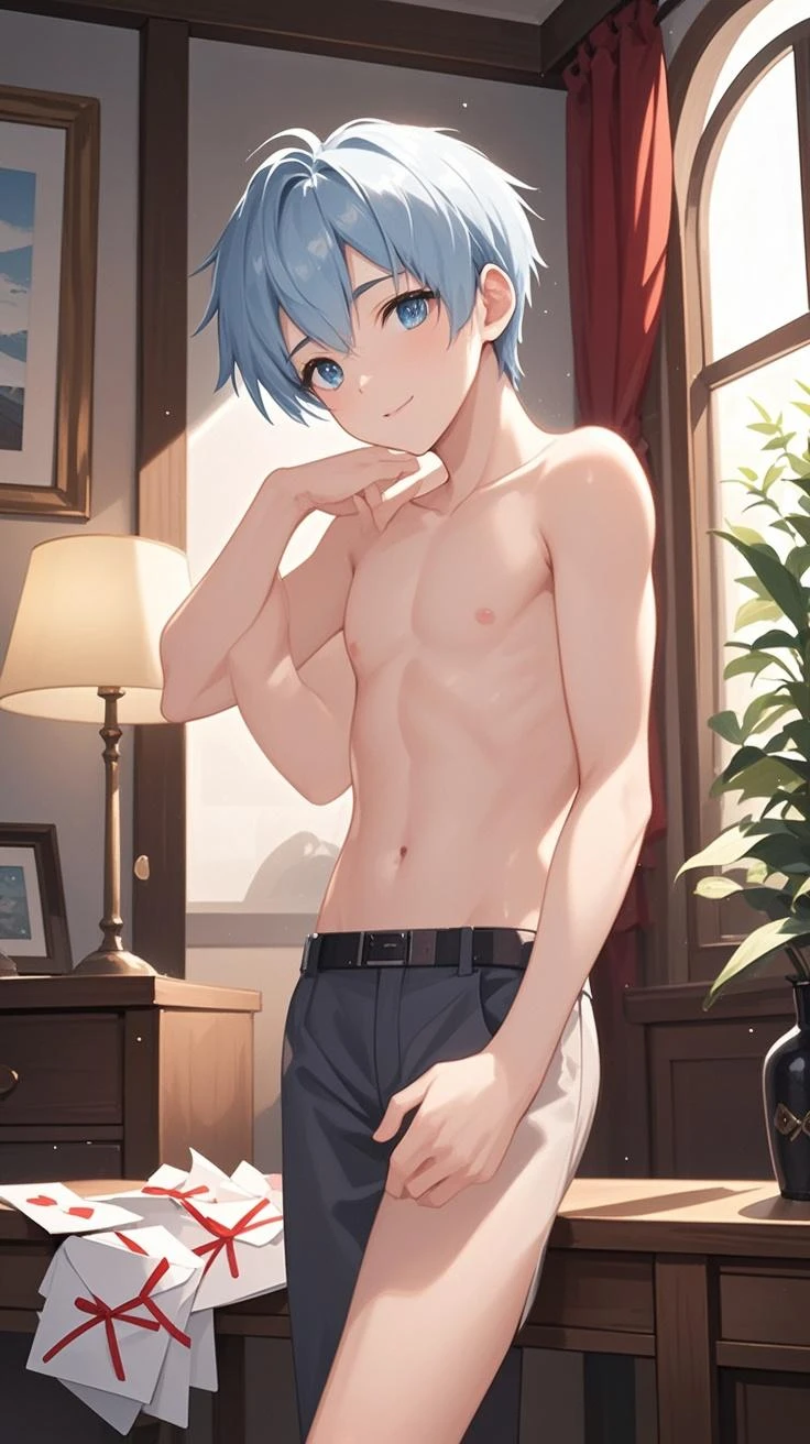 shota furry boy sex handsome solo no shirt no pants bedroom Big dick blue hair