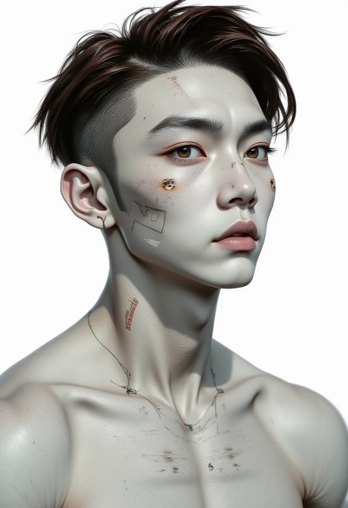 realistic features young korean male with red hair, naked body and scars