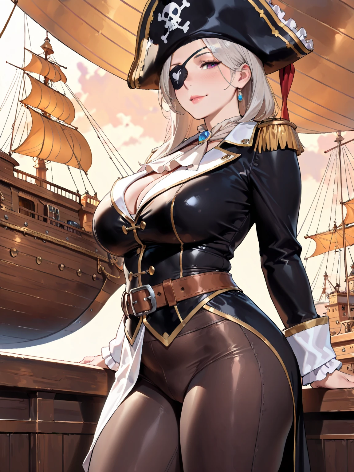 pirate captain outfit with pirate hat, red jacket with gold tassels, white frilly blouse, black pants, brown thigh high boots, eye patch, massive breasts, massive hips, massive thighs, massive calves, slender waist, hourglass figure, shiny black pantyhose, piloting a wooden ship, detailed eyes, leggings, kissing each other, 4K high resolution