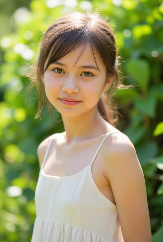 highest quality, High resolution, realistic pictures, detailed skin texture, ((Cute 12 year old Japanese girl wearing a see-through short white camisole)), view audience, slim body shape, Attractive gaze, Fair skin, baby face, (flat chest:1.2), long straight hair, (loli:1.2), At the hot spring, smile