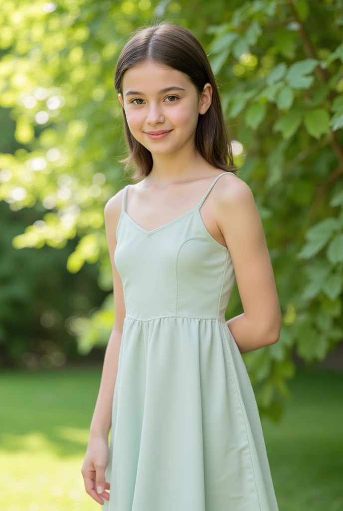 a child,adolescent,12-year-old girl,realistic, 1.54 tall, chubby, very white skin, light green eyes, black hair,short to the shoulder,with bangs on the forehead, with a long dress to the knee striped horizontal,black and white, in a room of old house,60s, on top of a rug