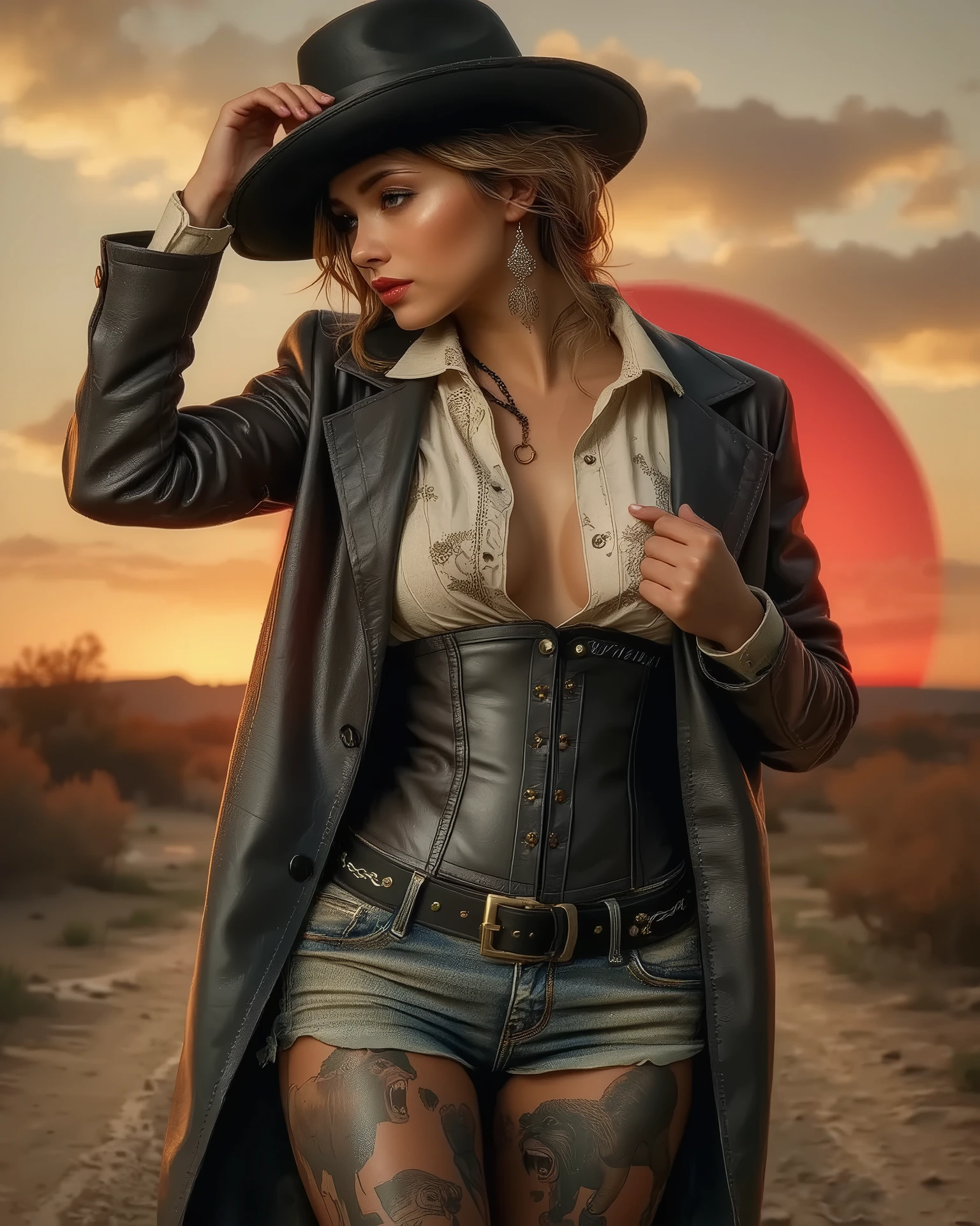 Semi-realistic portrait, using gothic style, beautiful women, viewed on profile, from the side. She stands on one straight leg, and the other leg pushed forward at an angle of about 45 degrees. With one hand she adjusts the margins of her black bolero hat. A long leather sheepskin coat. She has very long brown hair with bright golden highlights. and hair, and the bottom of her jacket flutters back in the wind. She bows her head down against the wind. Under her coat she wears a loose white lace blouse, , a black leather corset around her belly. Her denim micro-shorts sit low on her hips, fully revealing her hips, and faded from the sun. Include cowboy boots, if showing legs. (Make sure, that her skin and clothes are fully covered). Her skin is dark, with lots of tattoos in bright colors. Multicolor tattoos show roaring bears, mountain lions, and wild tattoo landscapes. Her tattoos are discreet and well-defined. She is illuminated from behind by the reddish sun, giving her profile a deep presence.