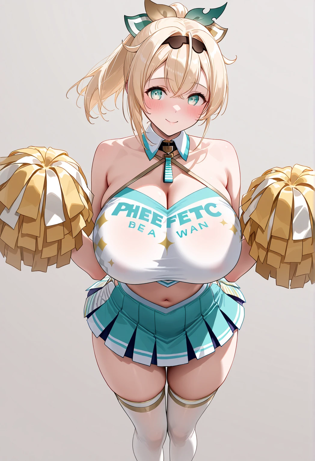 (8K, Best quality at best, tmasterpiece:1.2),\(Eyes detailed\),\(facial feature\),(\(Clothes detail details\)\),(1 girl:1.3),(Alone:1.35),Full body lesbian,18yr old,blonde with blue eyes,(/Green-eyed/),sexy model,(/white skinned/),(_:1.2),oilly skin,(a slender waist:1.2),navel,(Cute cheerleading uniforms:1.2),Attention cheerleaders、an sexy、A mature woman,、cute cheerleader、Decided Pose,(depth of fields:1.15),(ssee-through:1.25)