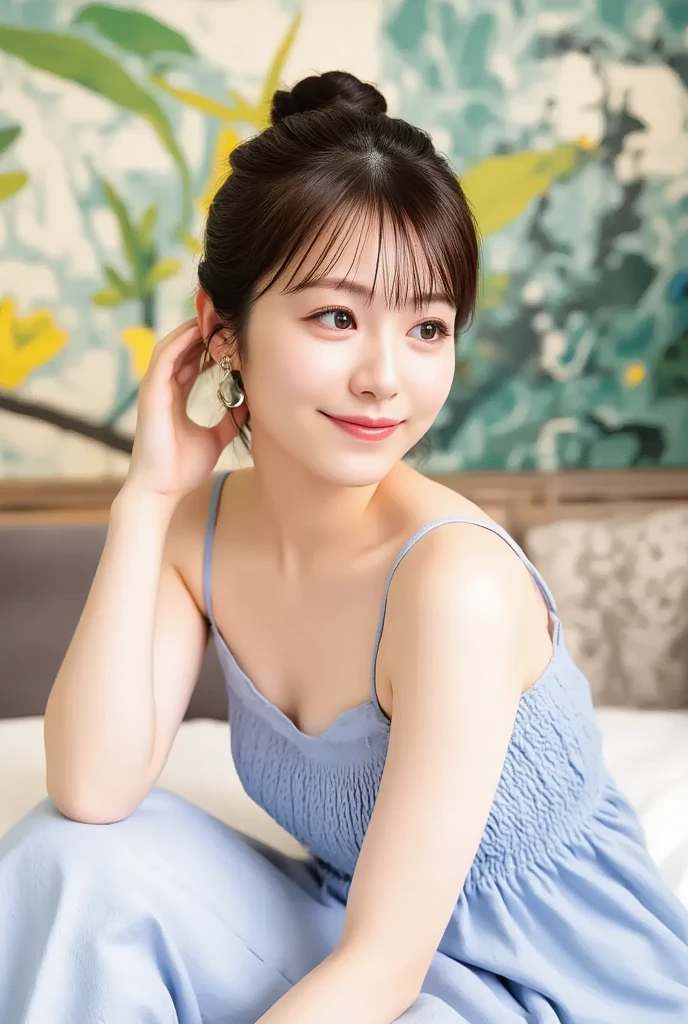 (Highest quality: 1.5), (Realistic: 1.5), (1 person: 1.5), Very detailed, fine, high resolution, 8k wallpaper, perfect dynamic composition, small breasts, natural colored lips, cute smile, Japan A woman, 20 years old girl, beautiful and exquisite face, perfect and beautiful face, beautiful and fine, big eyes, brunette eyes, beautiful and exquisite face, perfect and beautiful double eyelids, natural bangs, beautiful thin nose, Beautiful skin, chestnut brown hair, short ponytail hair, medium ponytail, natural bangs, perfect and beautiful face, natural pose, slim face and figure, (looking at camera), bright lighting, professional lighting, front lighting , natural smile, bedroom, tank top, Sitting with Knees Up, wariza,