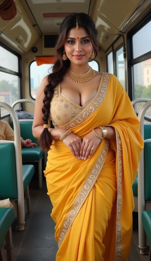 a lady(beautiful breasts(saggy, voluptuous)) wearing saree(deep cleavage), (), () (), ()sitting in public transport. Very realistic skin. Very beautiful face. She is giving sexy down blouse pose. Beautiful blouse designs.