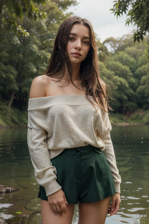Beautiful 26 years old woman, 170cm high, 60kg weight, white skin, long curly dark hair, light gray eyes, wearing fucsia shirt with buttons, crop sweter, long skirt, park, taking a nap in a park, people sit close to the her, closed eyes, natural morning light, realistic portrait, highly detailed, analog style, deep cleavage, breast, (((nipple))), (((full body)))