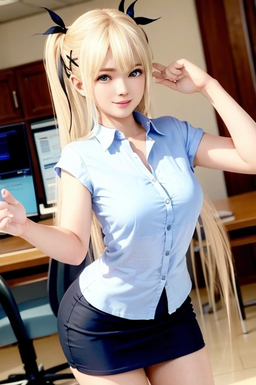 18-year-old woman with golden hair, turquoise eyes, long hair, left braid, eye glasses. Wearing a white shirt, black shorts and white wings on the back.