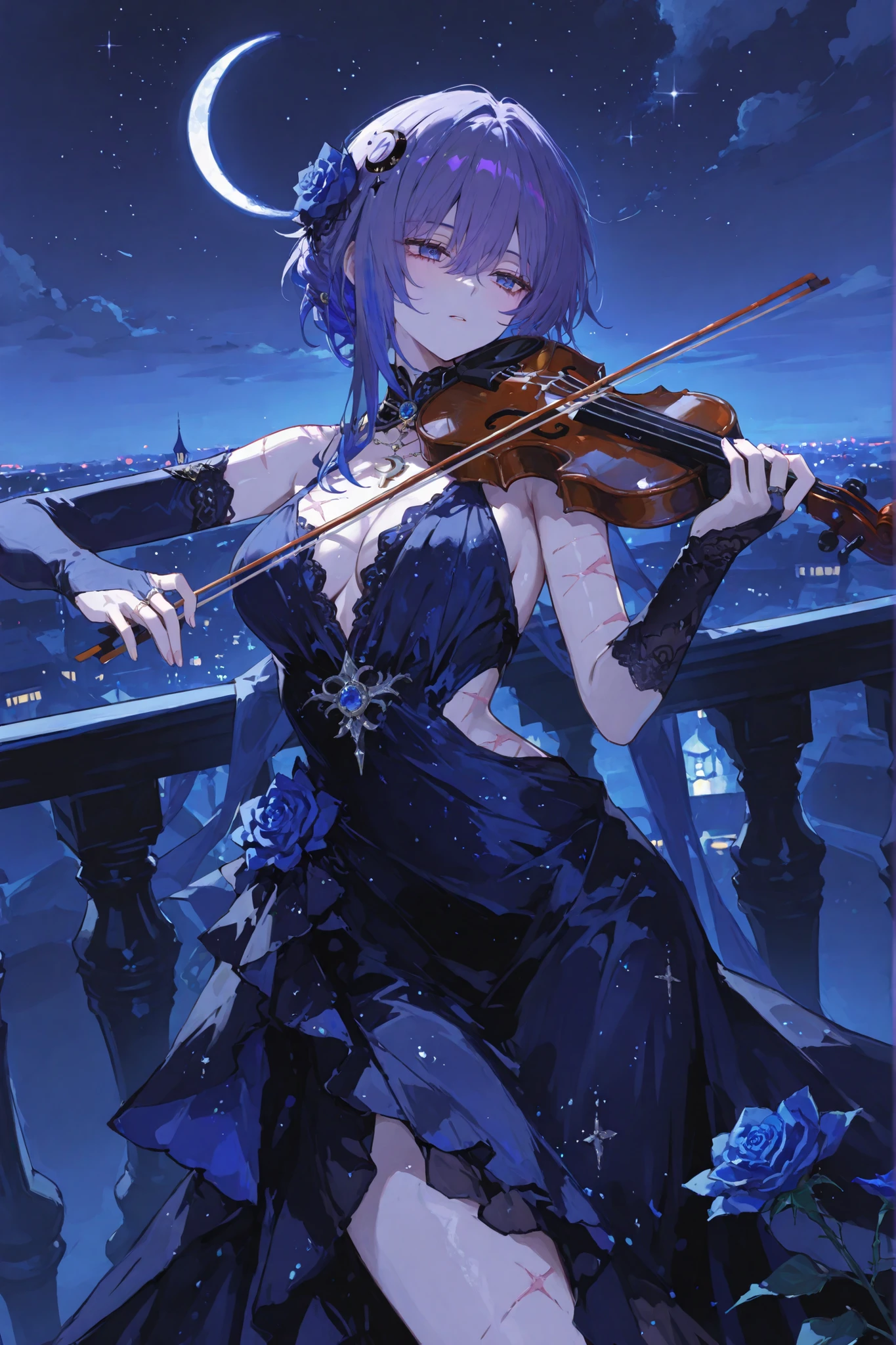 Close-up of a man holding a violin and bow, (fantasy violin), Ayaka Genshin impact, Detailed key anime art, Official artwork, tsuaii, A scene from the《azur lane》videogame, high detailed official artwork, Rem Rezero, fantasy violin, offcial art, nightcore, Splash art anime Loli, White-haired god