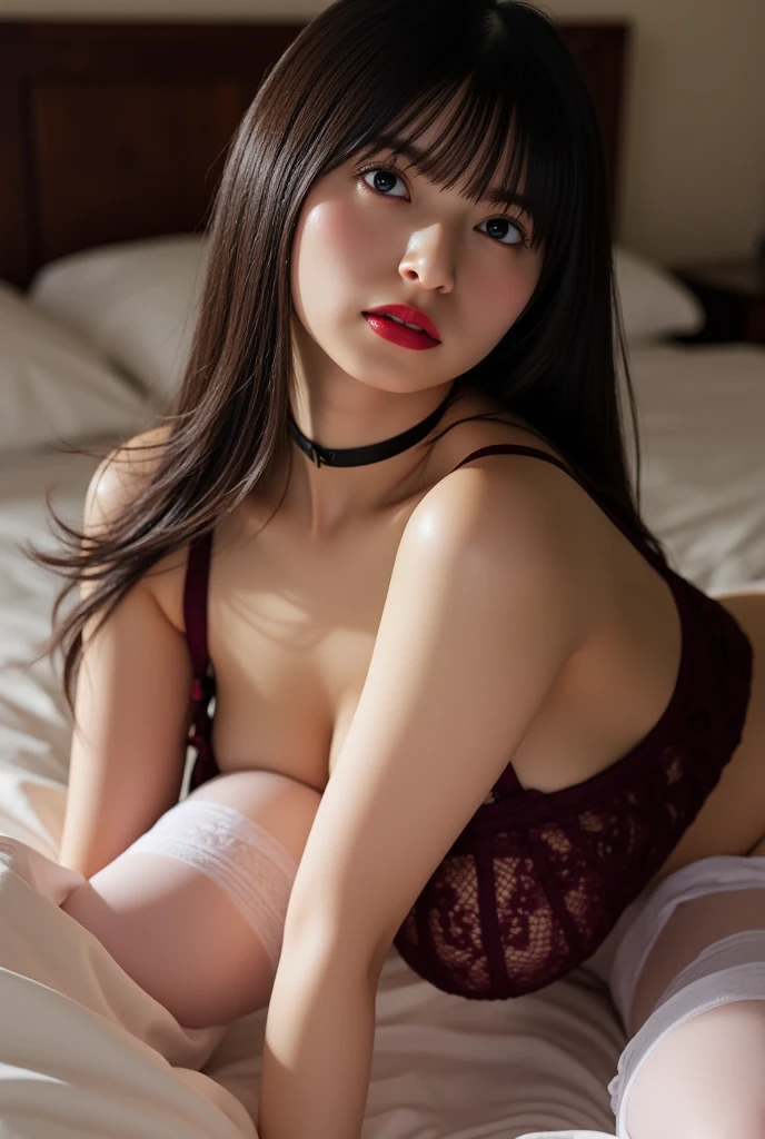 masterpiece, top-quality、Raw foto, Photorealsitic、Women between the ages of 12 and 15、on the beds、Black lace underwear、I'm lying down、Reflecting the whole body、unbelievable Ridiculous、depth of fields, hight resolution, ultra-detailliert, sharp focus, Cinematic lighting、Add highlights to the eyes