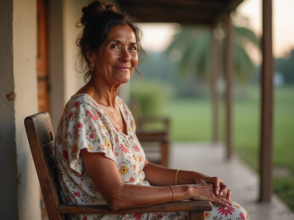 Abuela. Piel oscura, rostro amable y arrugas. Cabello liso, canas. Ojos verdes. Sonrisa leve.
