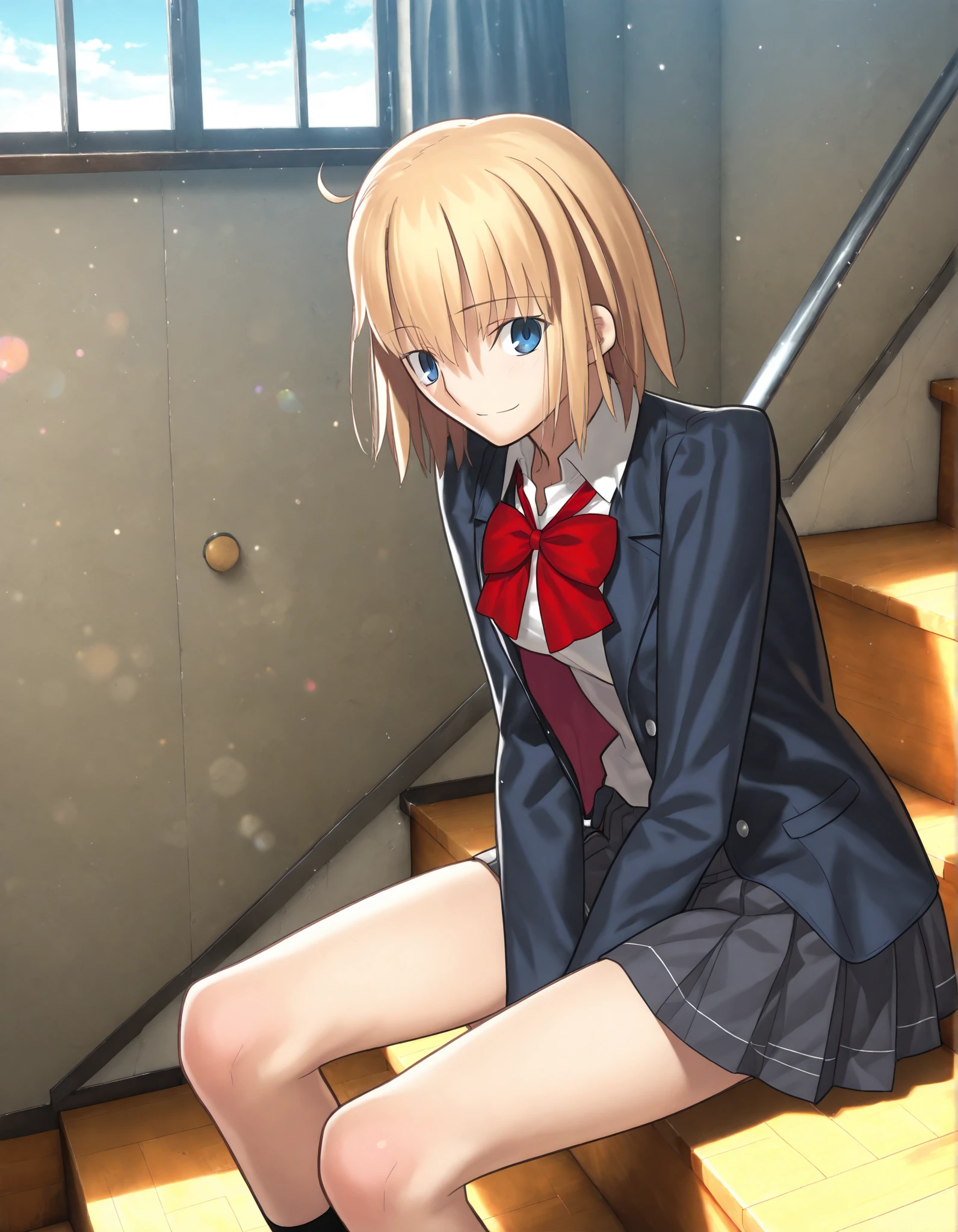 masterpiece, , absurdres, highres, detailed background, high resolution, masterpiece, necessary, detail, best quality, quality, necessary, details, High details, Precise, 8k indoors, (Stairs, colorful light particles, powder light,),day lens flare, blurry background,(from side, from above,),
1girl, Takeuchi Takashi (type-moon,tsukihime) style, takeuchi takashi style, (aged up),(blue sky), sitting,(long legs) ,
girl, (slender body, slim arms, slim bod), solo, el3gymaster ,ciel \(tsukihime\) ,light gray blue eyes, blond hair, medium hair, , (school uniform ,open jacket ,, white shirt ,grey skirt, pleated skirt,), (medium breasts),(looking at viewer),((red bowtie)), light smile, leaning forward, , ,