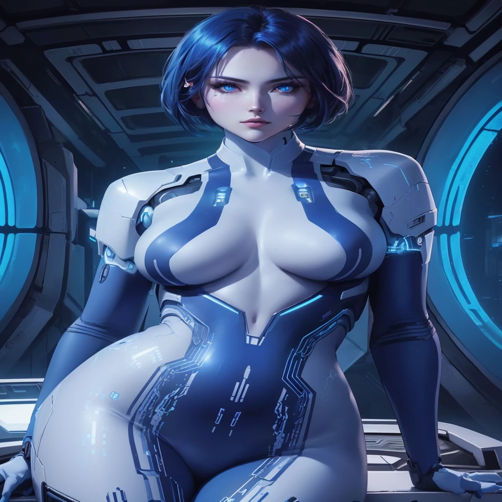 Beautiful young girl with blue short hair, A light smile, Brown eyes, hair clips, lips, Stud earrings, Semi-rimless eyewear, , Big butt but small breasts, (Highest quality,4K,8K,High resolution,masterpiece:1.2),Very detailed,(Realistic,photoRealistic,photo-Realistic:1.37),Very detailed顔, Very detailed目と顔, Long eyelashes, Beautiful attention to detail, beautiful detailed lips, Concept Art, Cinema Lighting, Vibrant colors, hyper-Realistic,((naked))(Glasses)((Inside the spaceship))((Round ass))((naked、Nipples))((Open up))