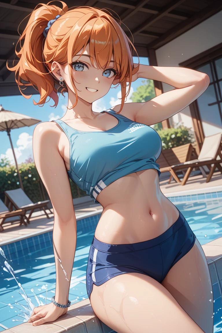 masterpiece, best quality, solo, cowboy shot,kunikida hanamaru, blushing , smile , yellow tank top,tank top is see through and soaked by sweat,navel, brown yoga pants , outdoor, standing,no bra , nipple