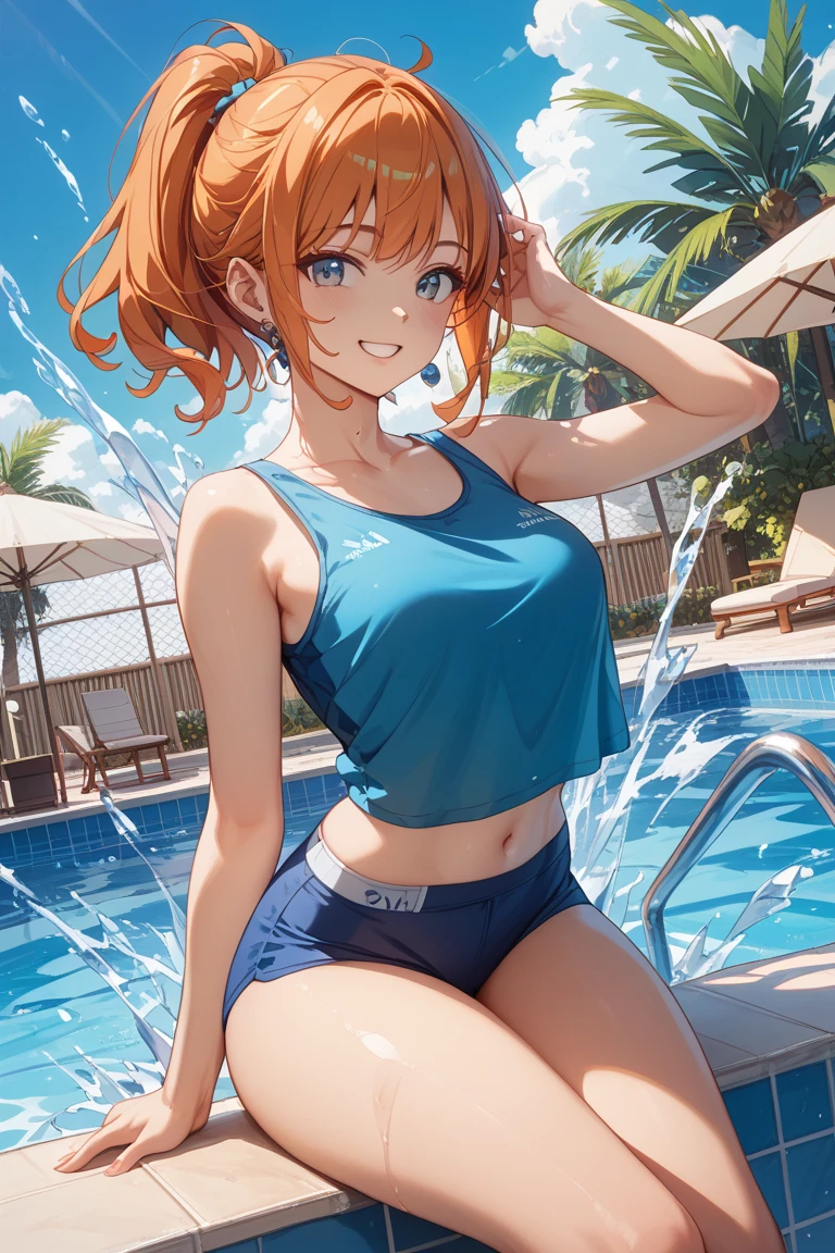 (Orange swimsuit(Orange camisole,Soaked with slimy liquid):1.2),(Navy blue shorts(Soaked with slimy liquid):1.4),All fours pose,Big Breasts,(Soaked with slimy liquid:1.2),