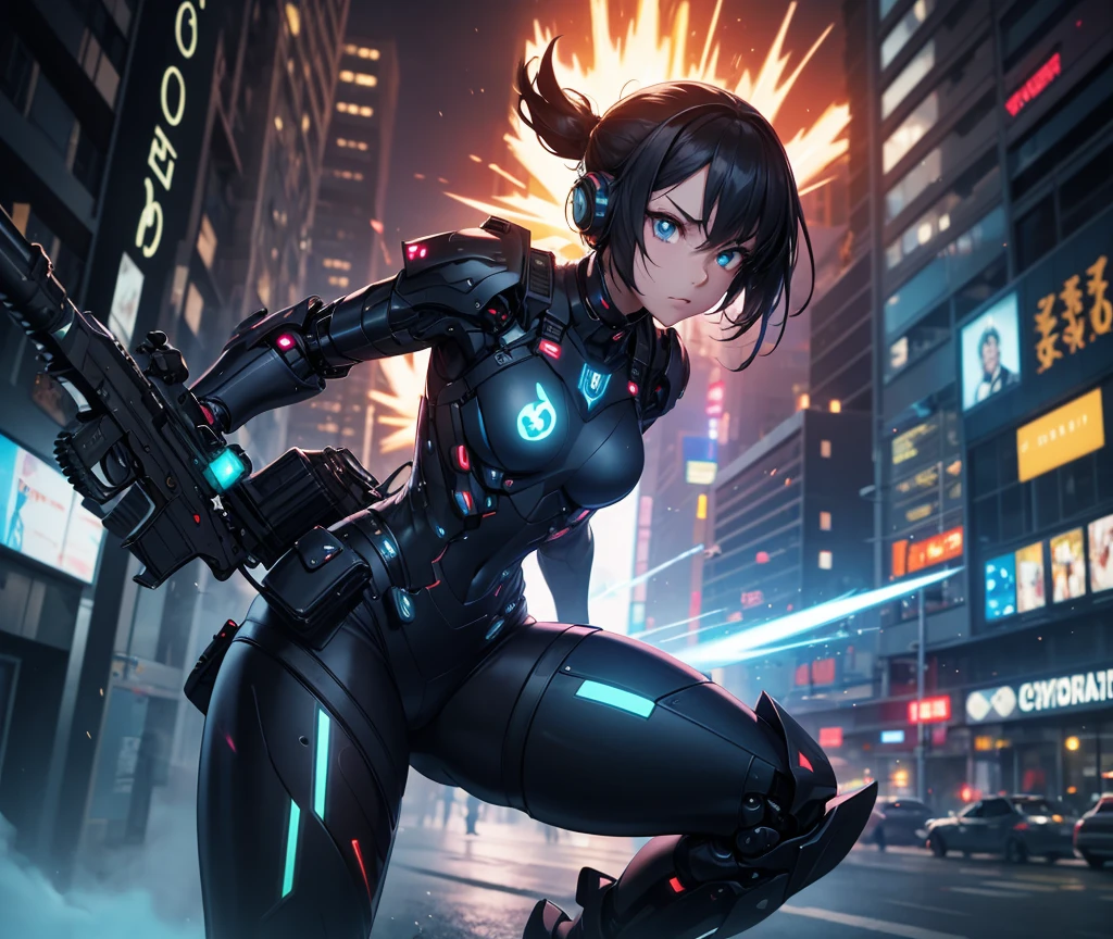 woman、Back view、Neon City、Cyberpunk City, future的な, heavy rain, 8K, アニメ壁紙 8K, Absurd, Super sharp, night, street, Japan, Blue atmosphere, raindrop, Rain-soaked body、Decadent、future