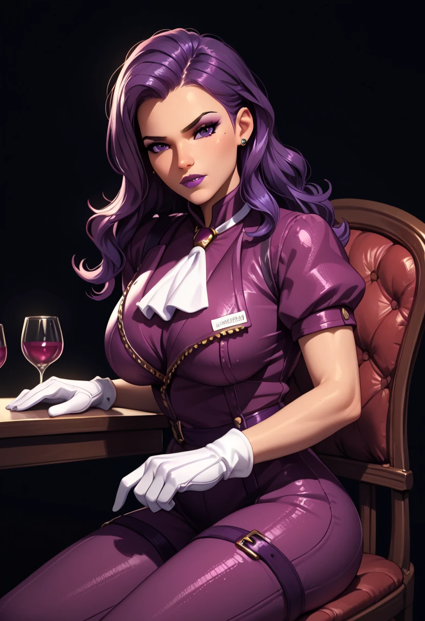 Illustrate a captivating modern Euro comic-style depiction of a purple-haired woman with a (pointing and laughing at the viewer). Her high cheekbones and sultry expression convey confidence and intrigue, drawing the viewer's attention. The woman possesses striking violet eyes that shimmer with intensity, complementing her purple hair. Her attire consists of luxurious silks in shades of purple and gold, tailored to accentuate her sexuality and sophistication. ((Sinister smile)). Set the scene against a backdrop of opulent surroundings, hinting at the woman's affluent lifestyle and enigmatic persona. Intricate patterns and decorative elements further emphasize her elegance and refinement.The image should evoke a sense of fascination and allure, inviting the viewer to unravel the mysteries of this captivating character. Balancing sensuality with sophistication, she embodies the essence of modern Euro comic heroines. Emphasize her knowing expression, with a hint of sinister intent.(highres:1.3), (4k,8k,best quality, masterpiece),
