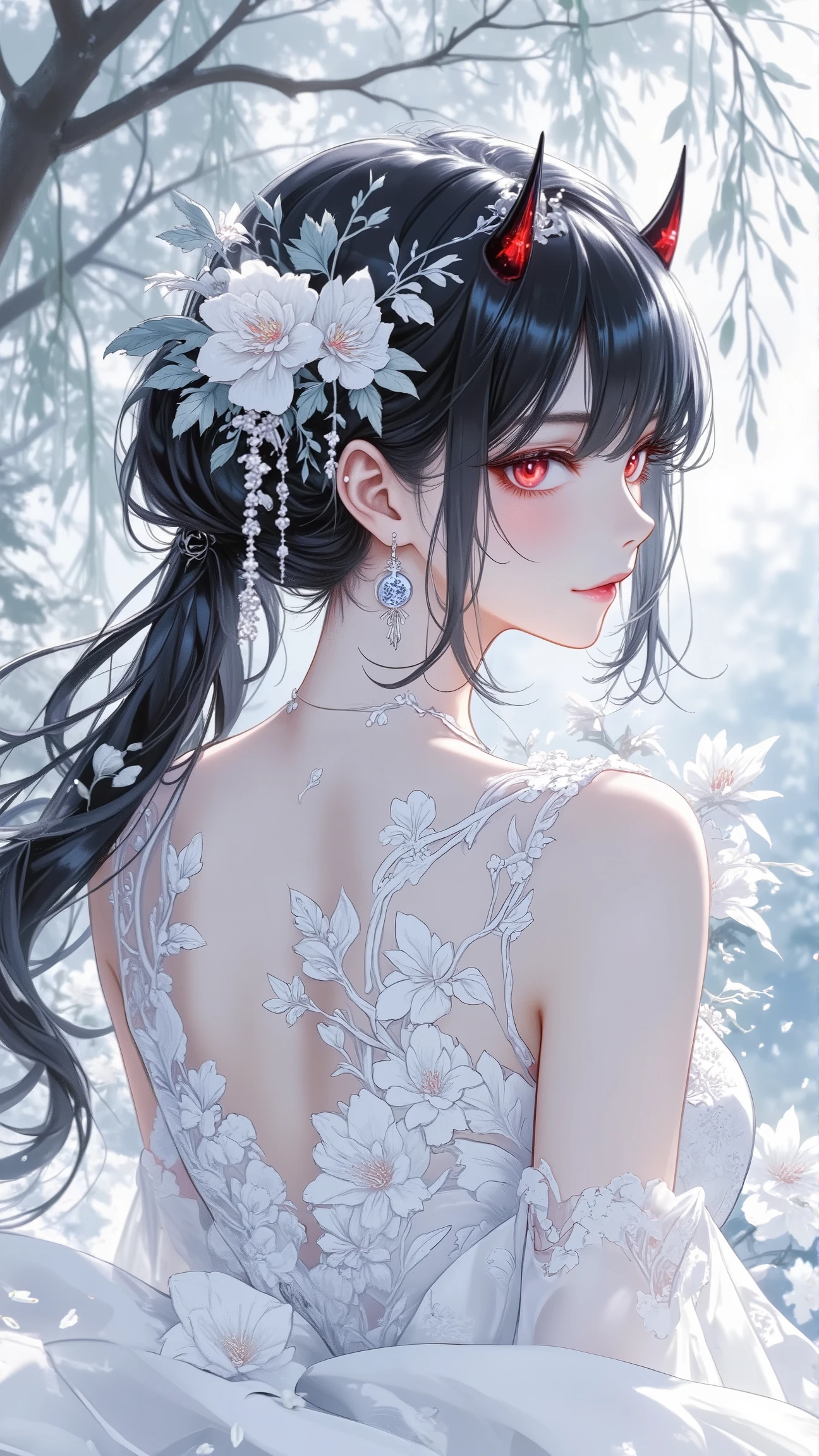 top quality, Supreme Masterpiece, super precise depiction, Japanese-style wedding, White Seamless Flower Bridesmaid Dress, Concealing Horns, Red Shining Eyes, Willow fluttering in the wind,